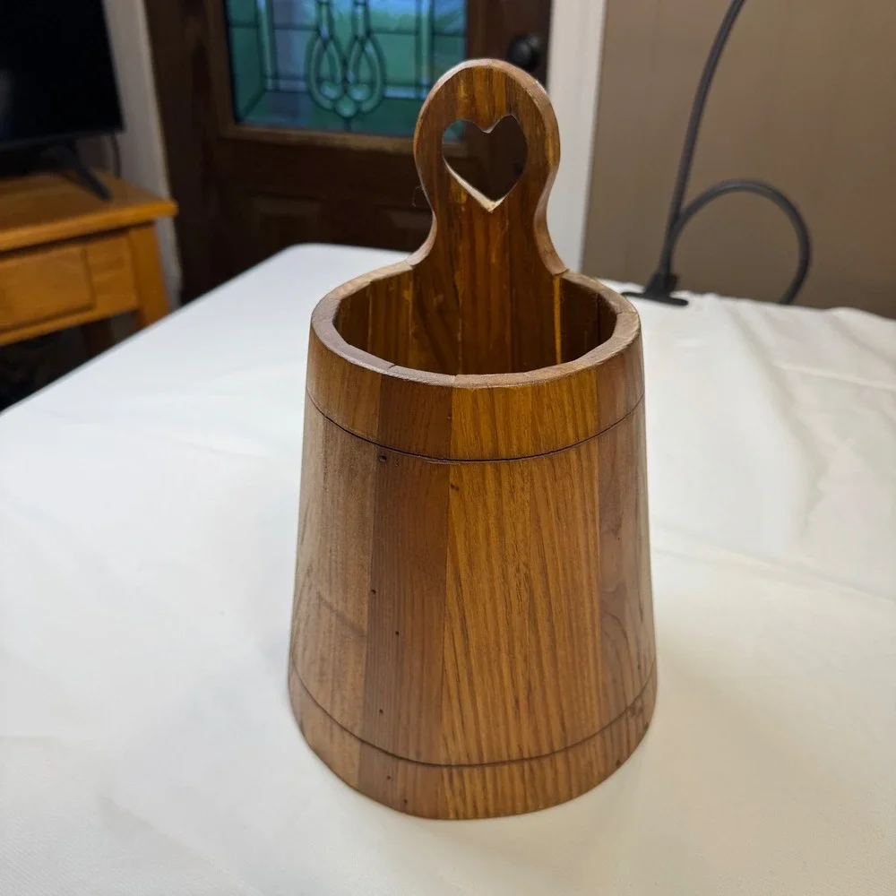 Vintage Cottagecore Farmhouse Wood Bucket Heart Cutout Handle Signed Rustic Chic